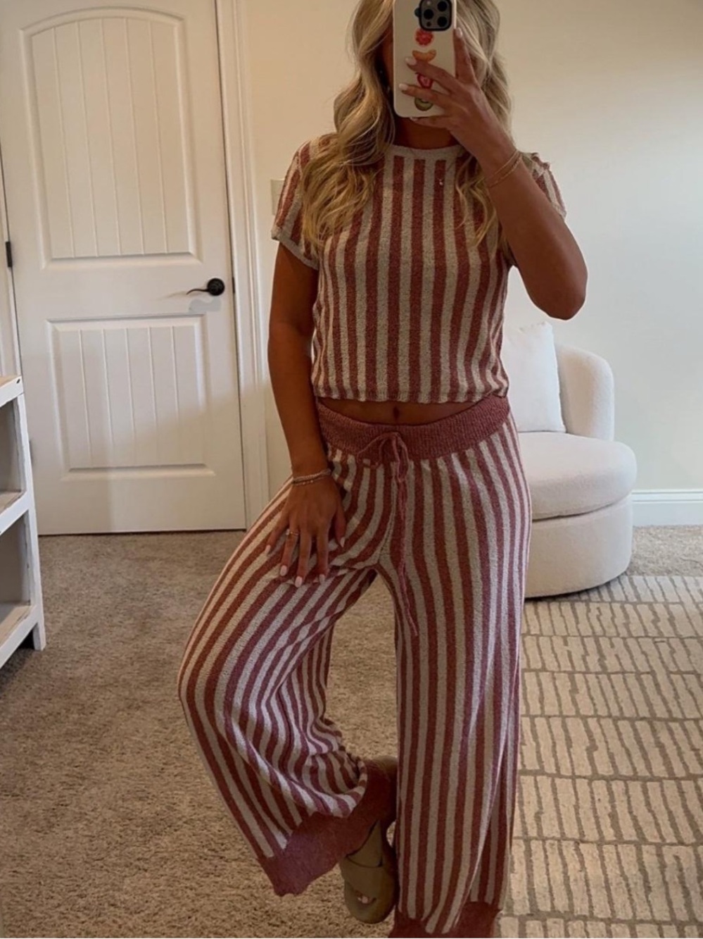 Boutique Striped Knit Wide-Leg Pants Set - Pink & White